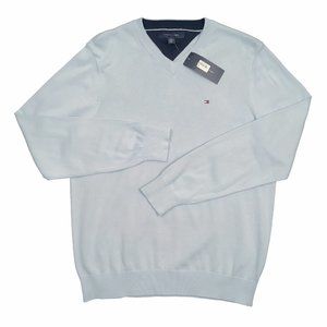 NEW Tommy Hilfiger Sweater!  Light Blue  V Neck  Tommy Flag on Chest  Cotton